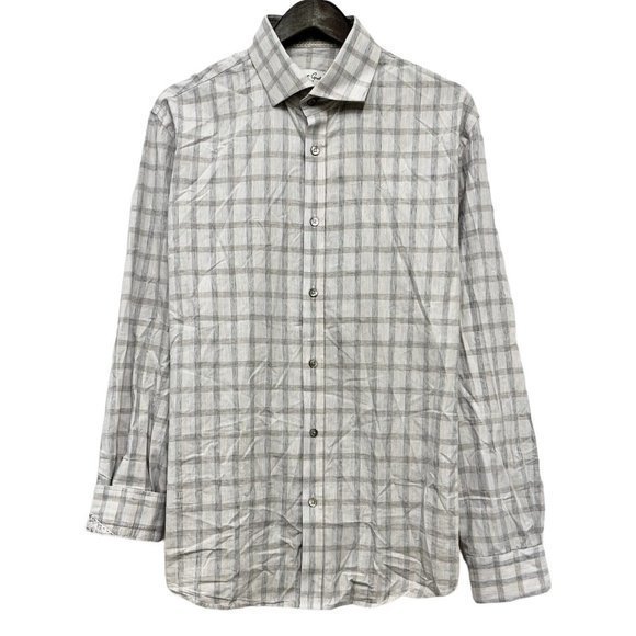 Robert Graham Mens Oatmeal & Gray Plaid Long Sleeve Button Front Shirt 43/17 euc - Picture 1 of 8